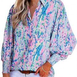 Astylish Women 2024 Loose V-Neck Shirts Paisley Print Lantern Sleeve Blouse Top