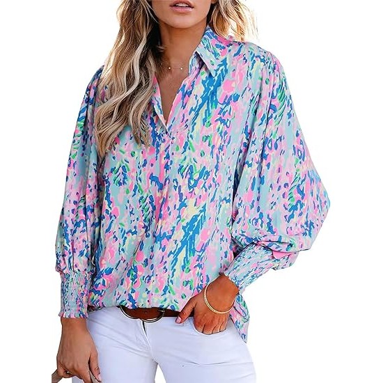 Astylish Women 2024 Loose V-Neck Shirts Paisley Print Lantern Sleeve Blouse Top