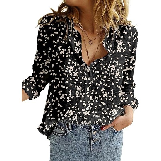 Dokotoo Women's Casual V Neck Alicia Floral Print Roll Up Long Sleeve Chiffon Button Down Blouses Bohemian Top Shirts