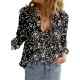 Dokotoo Women's Casual V Neck Alicia Floral Print Roll Up Long Sleeve Chiffon Button Down Blouses Bohemian Top Shirts