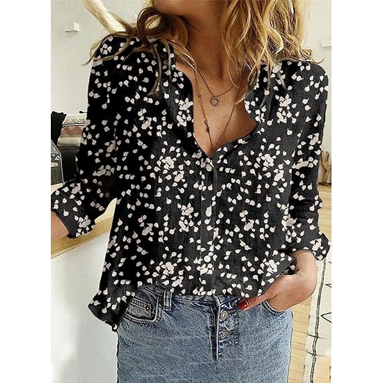 Dokotoo Women's Casual V Neck Alicia Floral Print Roll Up Long Sleeve Chiffon Button Down Blouses Bohemian Top Shirts