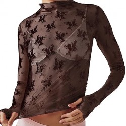 Ugerlov Women's Long Sleeve Mesh Top Mock Neck Sheer Blouse See Through Floral Lace Tops