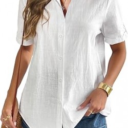 Zeagoo Women Linen Button Down Shirt Rolled Cuffed Short Sleeve Blouse Ladies Summer Casual V Neck Beach Cotton Tops