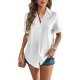 Zeagoo Women Linen Button Down Shirt Rolled Cuffed Short Sleeve Blouse Ladies Summer Casual V Neck Beach Cotton Tops