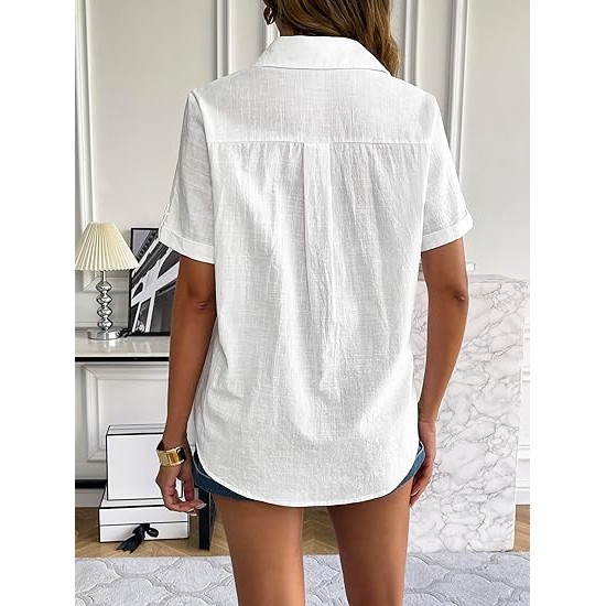 Zeagoo Women Linen Button Down Shirt Rolled Cuffed Short Sleeve Blouse Ladies Summer Casual V Neck Beach Cotton Tops