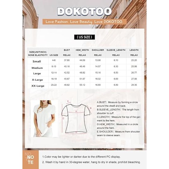 Dokotoo Women's Casual Round Neck Basic Pleated Tops Short Sleeve Loose Fit Curved Keyhole Back Chiffon Blouses Tshirts