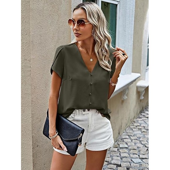 PRETTYGARDEN Short Sleeve Blouses for Women 2024 Summer Western Chiffon Shirts Dressy Casual Pearl Tops