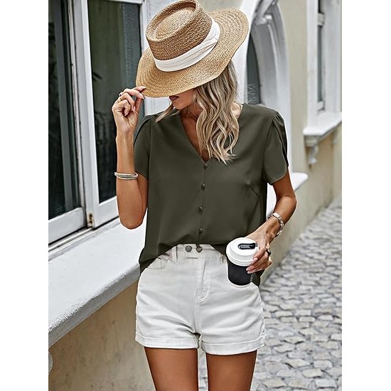 PRETTYGARDEN Short Sleeve Blouses for Women 2024 Summer Western Chiffon Shirts Dressy Casual Pearl Tops