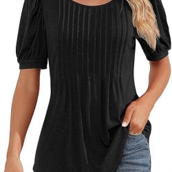 Ficerd Women's Puff Short Sleeve Tunic Tops Pleated Crew Neck Blouses Dressy Casual Loose Spring and Summer T-Shirts