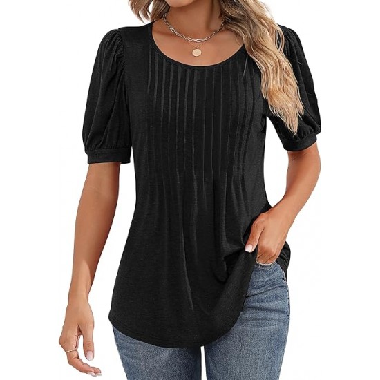 Ficerd Women's Puff Short Sleeve Tunic Tops Pleated Crew Neck Blouses Dressy Casual Loose Spring and Summer T-Shirts