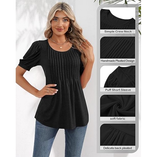 Ficerd Women's Puff Short Sleeve Tunic Tops Pleated Crew Neck Blouses Dressy Casual Loose Spring and Summer T-Shirts