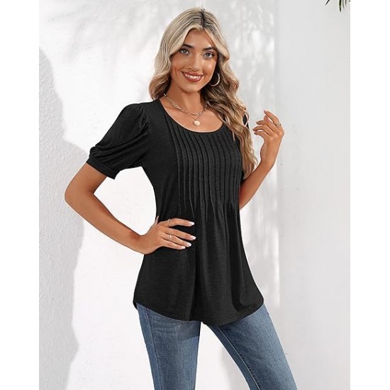 Ficerd Women's Puff Short Sleeve Tunic Tops Pleated Crew Neck Blouses Dressy Casual Loose Spring and Summer T-Shirts