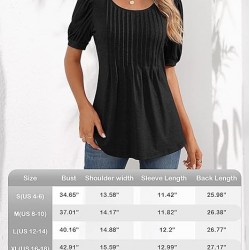 Ficerd Women's Puff Short Sleeve Tunic Tops Pleated Crew Neck Blouses Dressy Casual Loose Spring and Summer T-Shirts