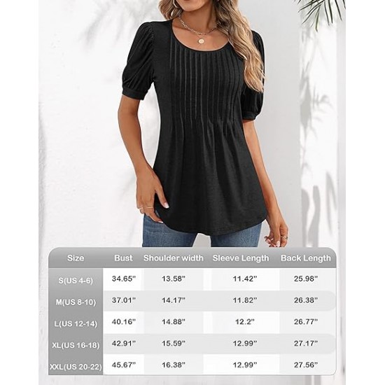 Ficerd Women's Puff Short Sleeve Tunic Tops Pleated Crew Neck Blouses Dressy Casual Loose Spring and Summer T-Shirts