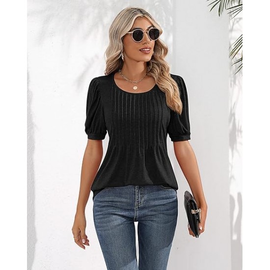 Ficerd Women's Puff Short Sleeve Tunic Tops Pleated Crew Neck Blouses Dressy Casual Loose Spring and Summer T-Shirts