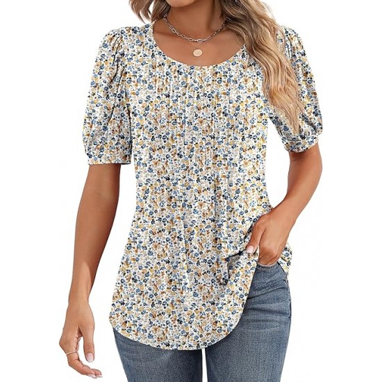 Ficerd Women's Puff Short Sleeve Tunic Tops Pleated Crew Neck Blouses Dressy Casual Loose Spring and Summer T-Shirts