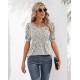 Ficerd Women's Puff Short Sleeve Tunic Tops Pleated Crew Neck Blouses Dressy Casual Loose Spring and Summer T-Shirts