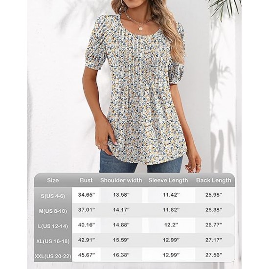 Ficerd Women's Puff Short Sleeve Tunic Tops Pleated Crew Neck Blouses Dressy Casual Loose Spring and Summer T-Shirts