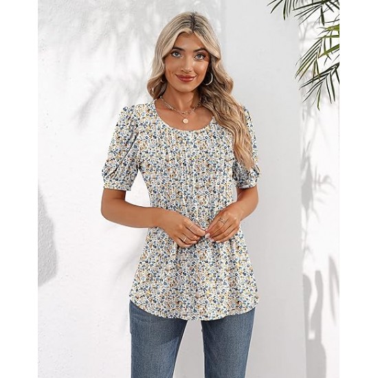 Ficerd Women's Puff Short Sleeve Tunic Tops Pleated Crew Neck Blouses Dressy Casual Loose Spring and Summer T-Shirts