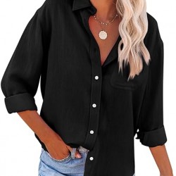 siliteelon Womens Button Down Shirts Cotton Dress Shirts Long Sleeve Blouses V Neck Solid Casual Tunics Tops with Pockets