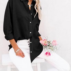 siliteelon Womens Button Down Shirts Cotton Dress Shirts Long Sleeve Blouses V Neck Solid Casual Tunics Tops with Pockets