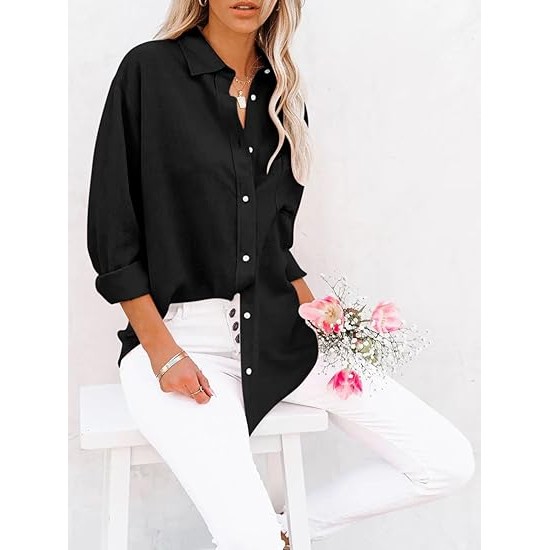 siliteelon Womens Button Down Shirts Cotton Dress Shirts Long Sleeve Blouses V Neck Solid Casual Tunics Tops with Pockets