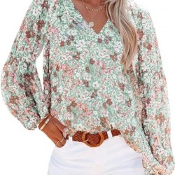 SHEWIN Women's Casual Boho Floral Print V Neck Long Sleeve Loose Blouses Shirts Tops