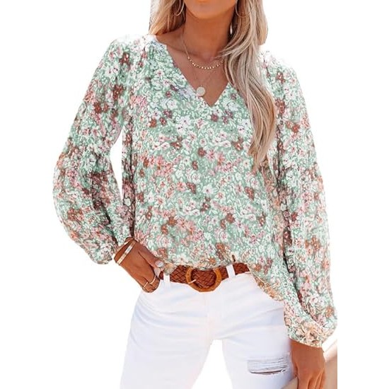 SHEWIN Women's Casual Boho Floral Print V Neck Long Sleeve Loose Blouses Shirts Tops