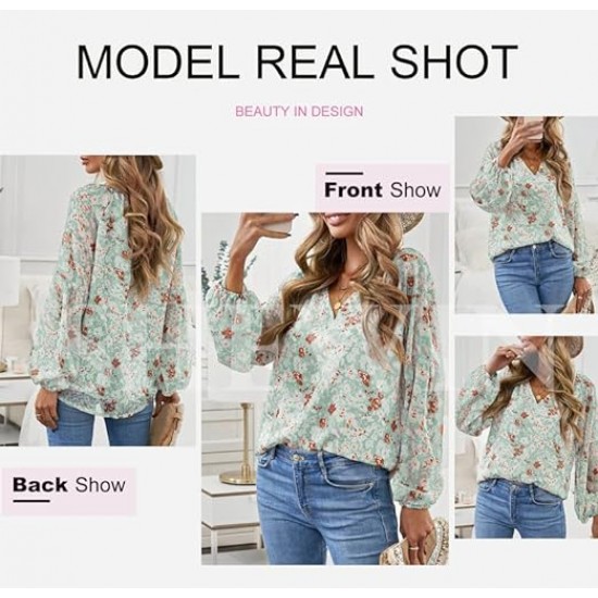 SHEWIN Women's Casual Boho Floral Print V Neck Long Sleeve Loose Blouses Shirts Tops