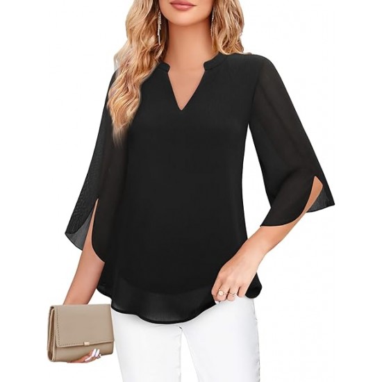 Bebonnie Womens Tops Dressy Casual Ruffle 3/4 Sleeve V Neck Double Layers Chiffon Blouses Tops