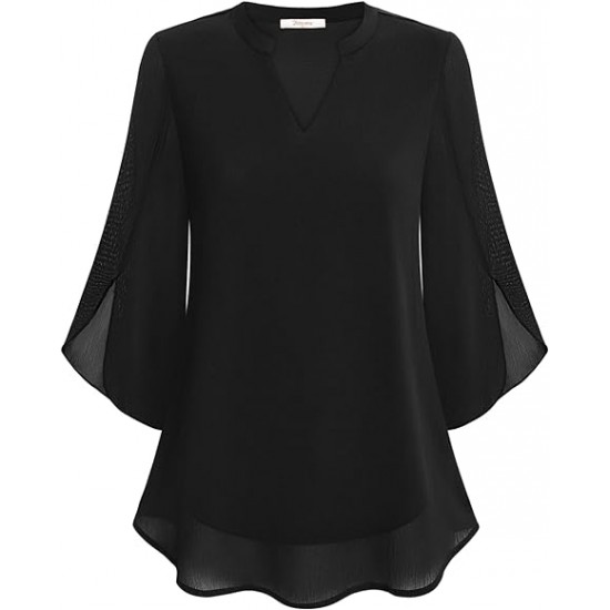 Bebonnie Womens Tops Dressy Casual Ruffle 3/4 Sleeve V Neck Double Layers Chiffon Blouses Tops