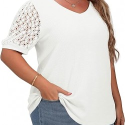 OLRIK Plus Size Tops for Women Summer Blouse Waffle Knit Short Lace Sleeve Shirts