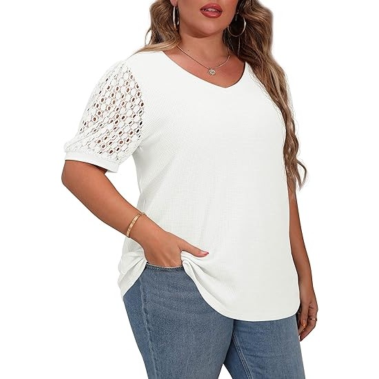 OLRIK Plus Size Tops for Women Summer Blouse Waffle Knit Short Lace Sleeve Shirts