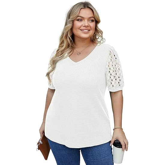 OLRIK Plus Size Tops for Women Summer Blouse Waffle Knit Short Lace Sleeve Shirts