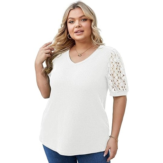 OLRIK Plus Size Tops for Women Summer Blouse Waffle Knit Short Lace Sleeve Shirts