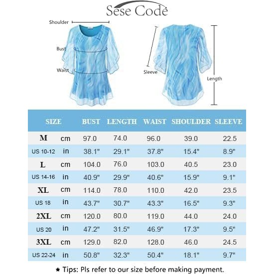 SeSe Code Womens Ruffle 3/4 Sleeve Mesh Blouses Loose Flowy Tops Stretchy Shirts