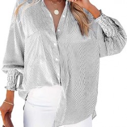 LEMAFER Women's Smocked Cuffed Striped Boyfriend Shirt with Pocket Casual Collar Long Sleeve Blouse Tops for Pocket Shirred