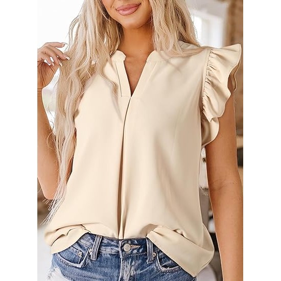 Dokotoo Womens Summer Tops Dressy Casual V Neck Ruffle Short Sleeve Solid Blouses Tops