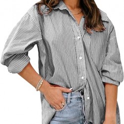 siliteelon Womens Button Down Shirts Cotton Striped Dress Shirt Long Sleeve Collared Office Work Blouses Tops