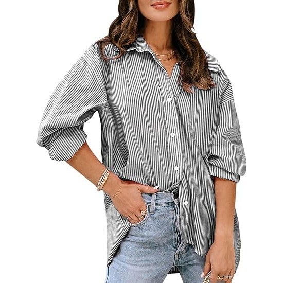 siliteelon Womens Button Down Shirts Cotton Striped Dress Shirt Long Sleeve Collared Office Work Blouses Tops