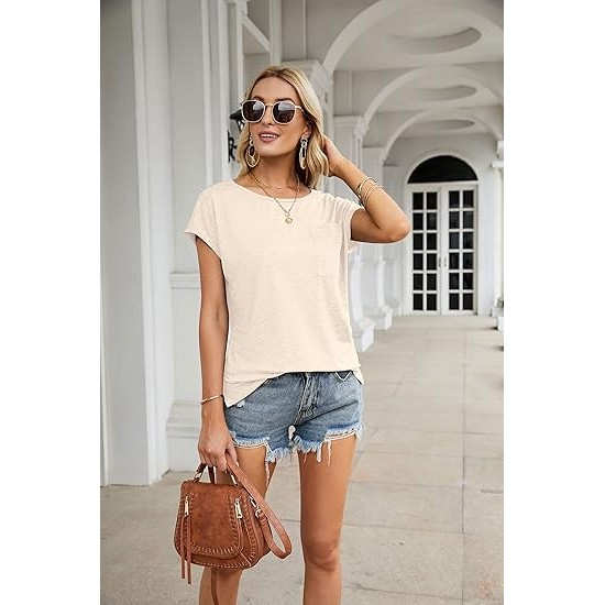 MEROKEETY Women's Casual Cap Sleeve T Shirts Basic Summer Tops Loose Solid Color Blouse