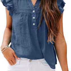 PRETTODAY Women's V Neck Lace Crochet Shirts Button Down Short Sleeve Casual Blouse Tops