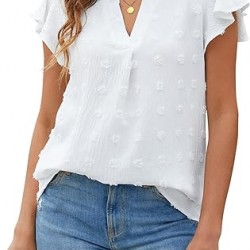 Blooming Jelly Womens White Blouse V Neck Ruffle Sleeve Flowy Shirts Dressy Casual Cute Summer Tops