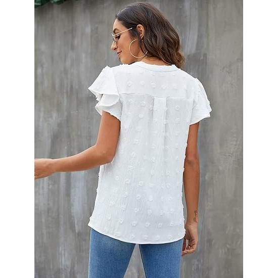 Blooming Jelly Womens White Blouse V Neck Ruffle Sleeve Flowy Shirts Dressy Casual Cute Summer Tops