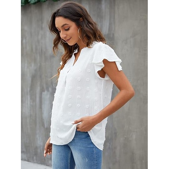 Blooming Jelly Womens White Blouse V Neck Ruffle Sleeve Flowy Shirts Dressy Casual Cute Summer Tops