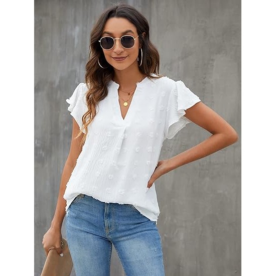 Blooming Jelly Womens White Blouse V Neck Ruffle Sleeve Flowy Shirts Dressy Casual Cute Summer Tops