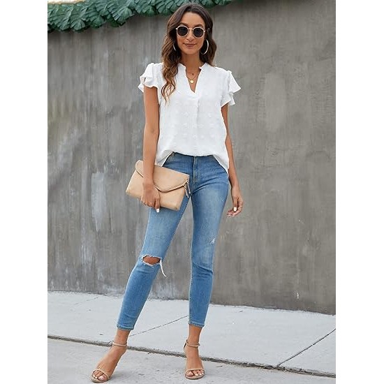 Blooming Jelly Womens White Blouse V Neck Ruffle Sleeve Flowy Shirts Dressy Casual Cute Summer Tops