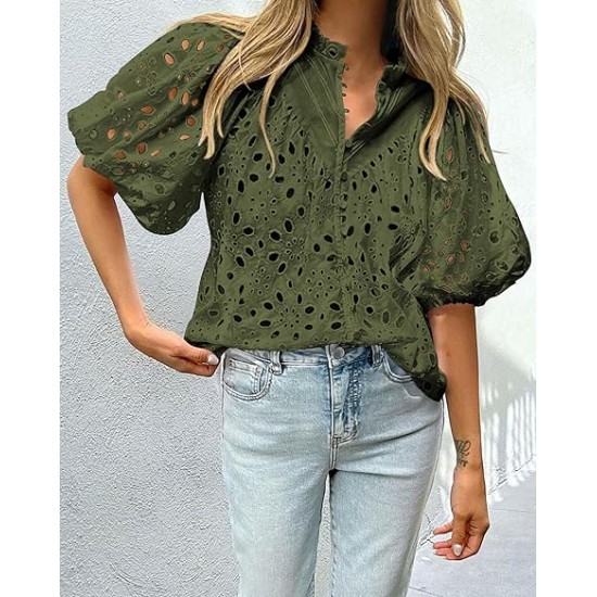 PRETTYGARDEN Womens Hollow Out Lace Embroidered Blouse