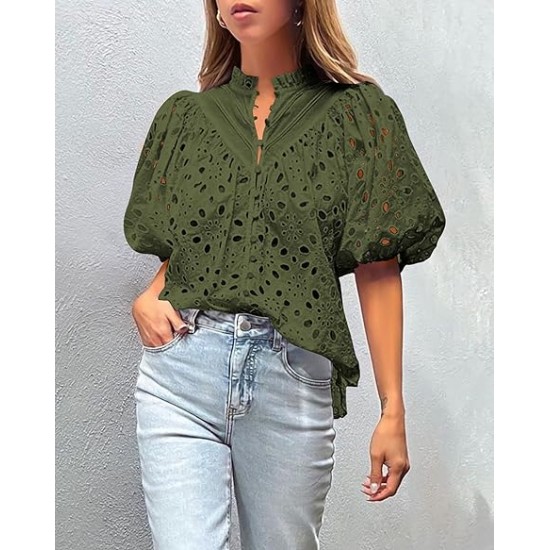 PRETTYGARDEN Womens Hollow Out Lace Embroidered Blouse