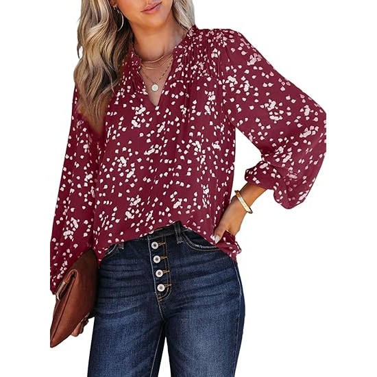 Dokotoo Women's Casual V Neck Alicia Floral Print Smocked Long Sleeve Chiffon Blouses Bohemian Top Shirts